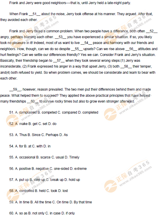 2016年11月學位英語完形填空試題