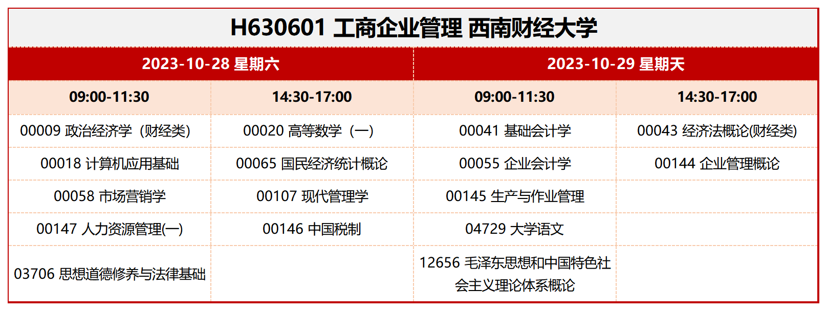 考試安排_H630601 工商企業管理 西南財經大學 考試安排_H630601 工商企業管理 西南財經大學